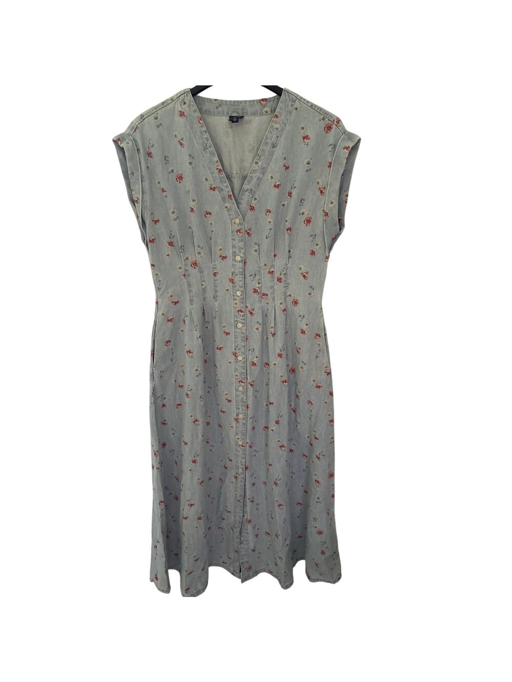 Gap Ditsy Floral Print Pleated Waist Denim Maxi Dress Button Front V-Neck Small